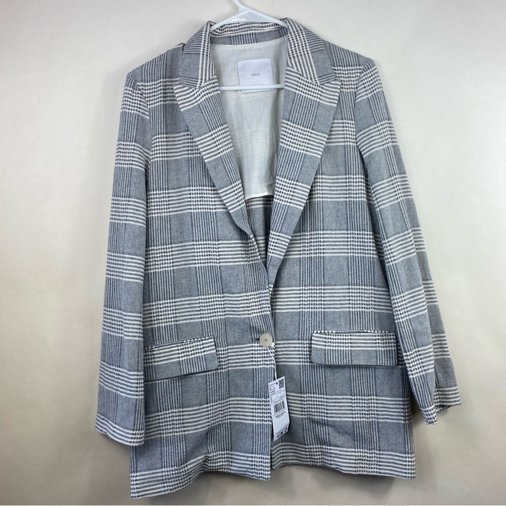 MNG Suit Plaid Blazer Women’s Small White Gray Single Button Career Mango